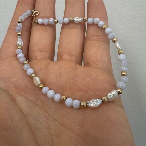 14K Blue Lace Agate, Gold Beads & Pearls Bracelet 8.5” 14KT Vintage - Picture 1 of 16